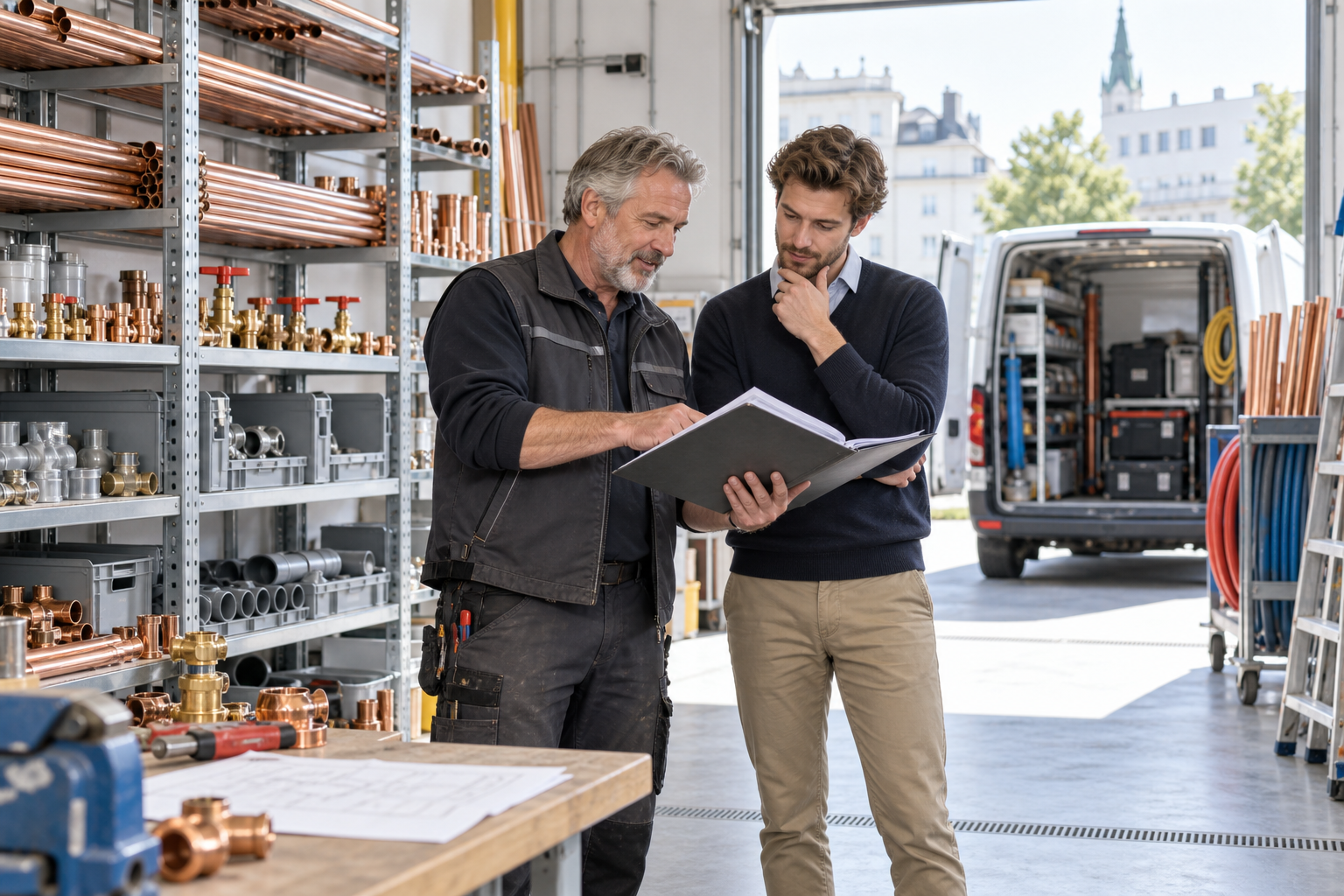Installateur und möglicher Nachfolger in Werkstatt und Materiallager eines Wiener Installationsbetriebs